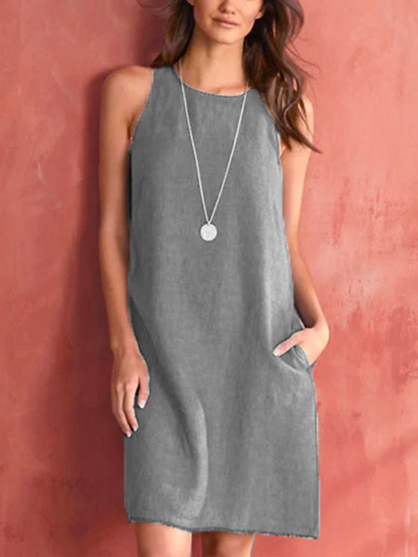 Cotton-linen Sleeveless Midi Dress - Breathable Round Neck With Pockets