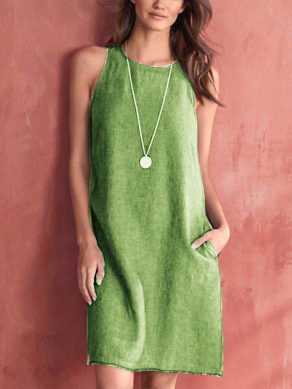 Cotton-linen Sleeveless Midi Dress - Breathable Round Neck With Pockets