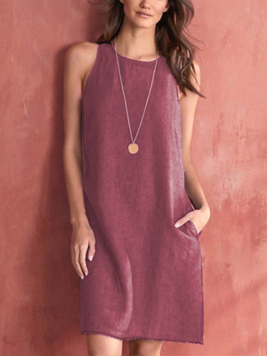 Cotton-linen Sleeveless Midi Dress - Breathable Round Neck With Pockets