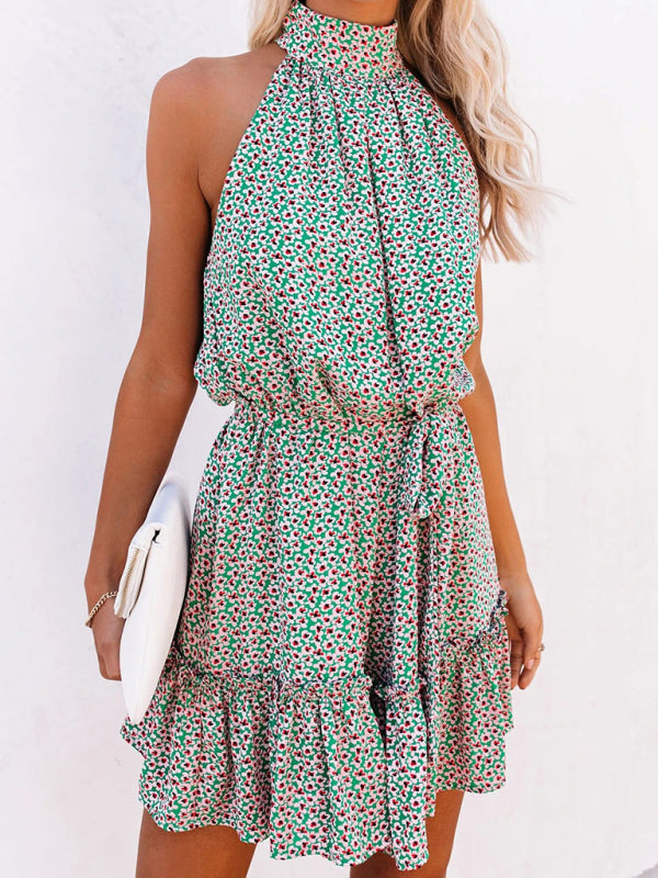Boho Floral Halter Neck Dress – Lightweight Summer Style with Ruffle Trim