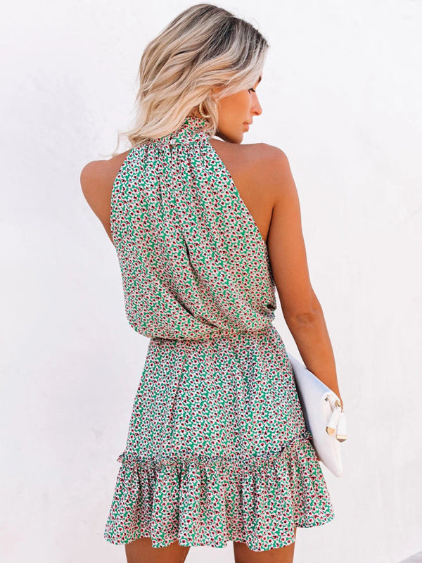 Boho Floral Halter Neck Dress – Lightweight Summer Style with Ruffle Trim