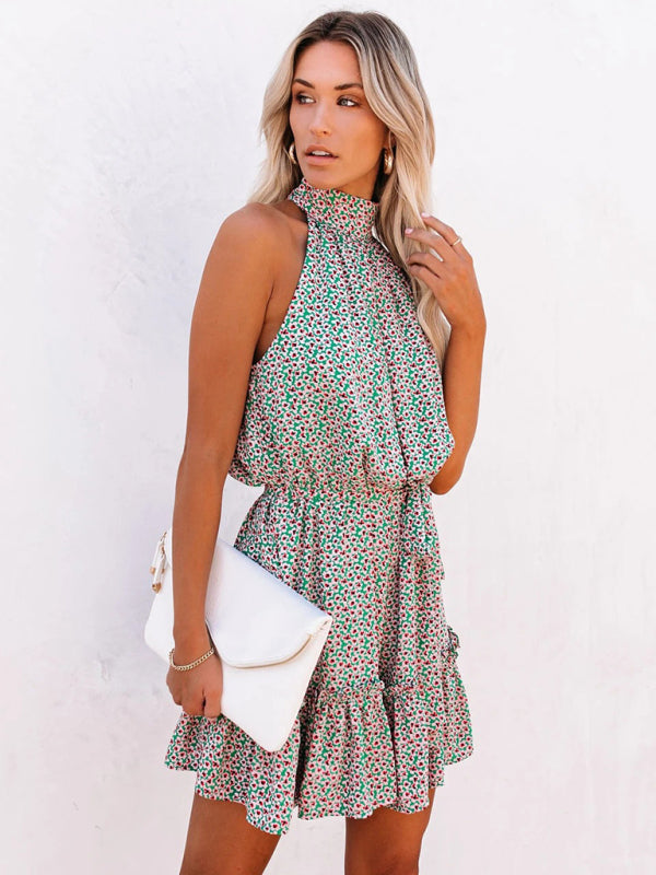 Boho Floral Halter Neck Dress – Lightweight Summer Style with Ruffle Trim