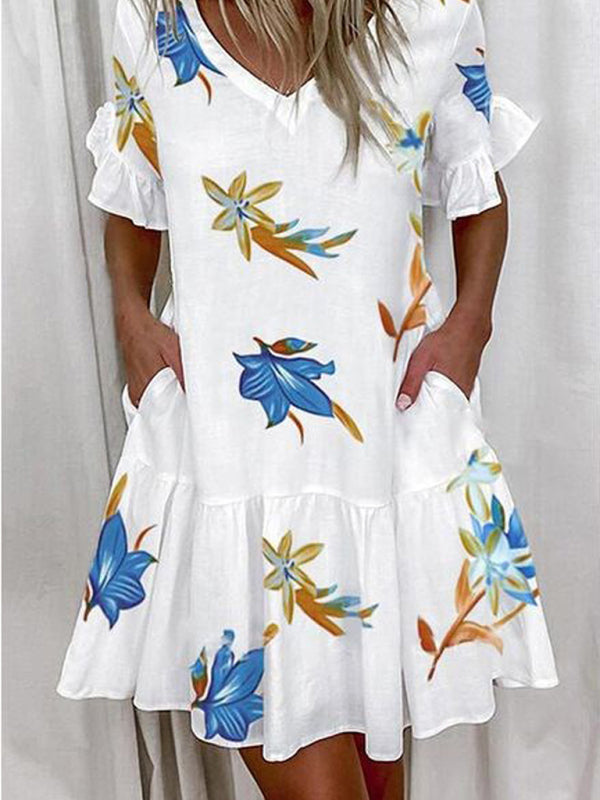 Short V-Neck Printed Ruffle Dress – Lightweight, Loose Fit, Spring-Summer Style