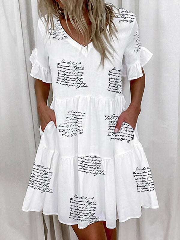 Short V-Neck Printed Ruffle Dress – Lightweight, Loose Fit, Spring-Summer Style