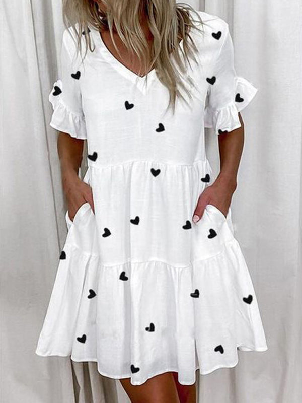 Short V-Neck Printed Ruffle Dress – Lightweight, Loose Fit, Spring-Summer Style