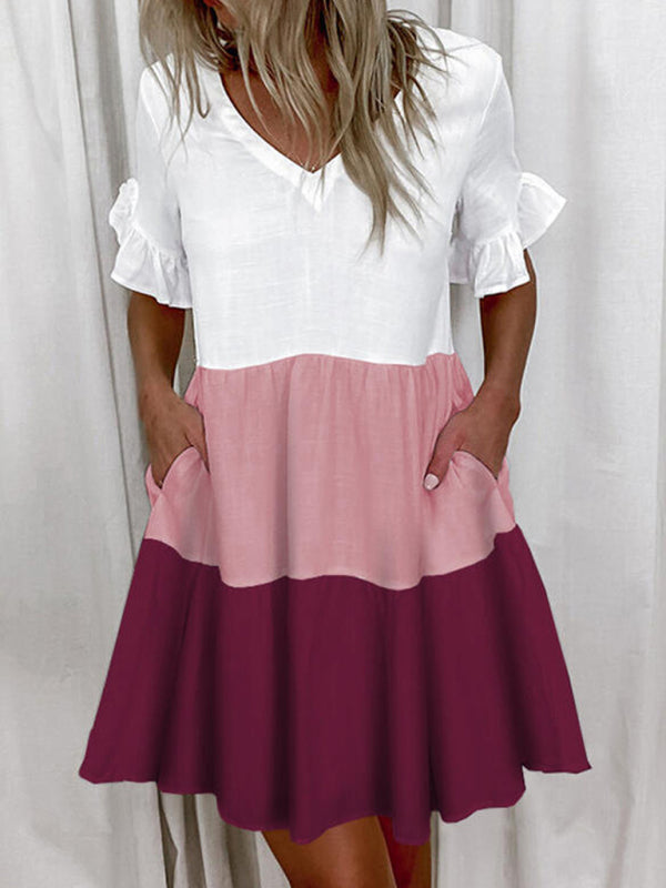 Short V-Neck Printed Ruffle Dress – Lightweight, Loose Fit, Spring-Summer Style