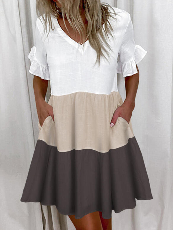 Short V-Neck Printed Ruffle Dress – Lightweight, Loose Fit, Spring-Summer Style