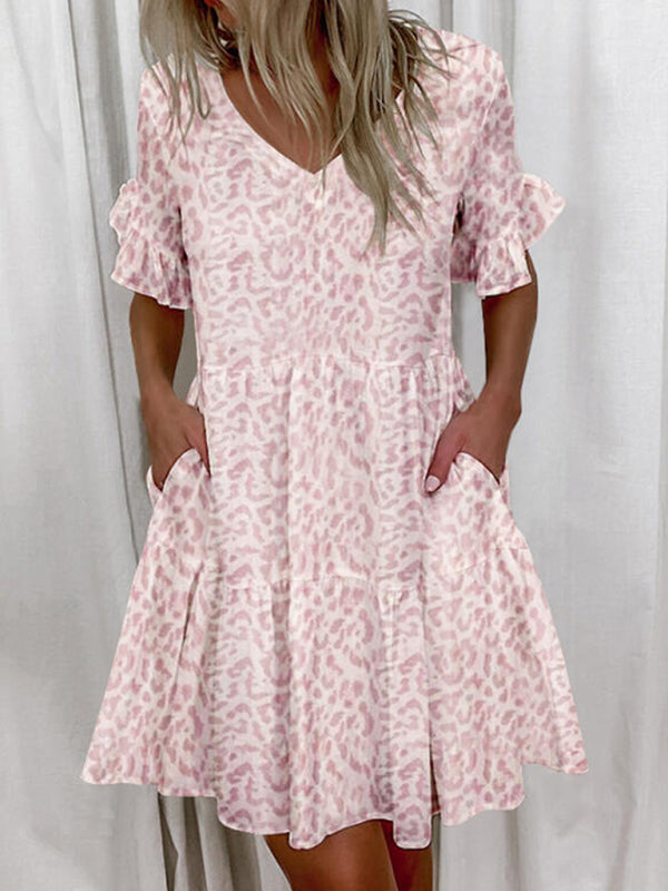 Short V-Neck Printed Ruffle Dress – Lightweight, Loose Fit, Spring-Summer Style
