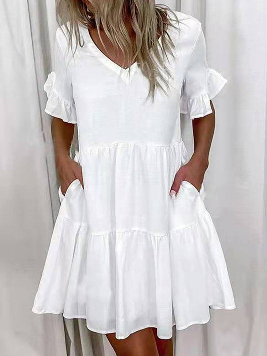 Short V-Neck Printed Ruffle Dress – Lightweight, Loose Fit, Spring-Summer Style