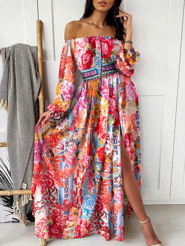 Bohemian One-Shoulder Printed Maxi Dress – Retro Pullover with Side Slits