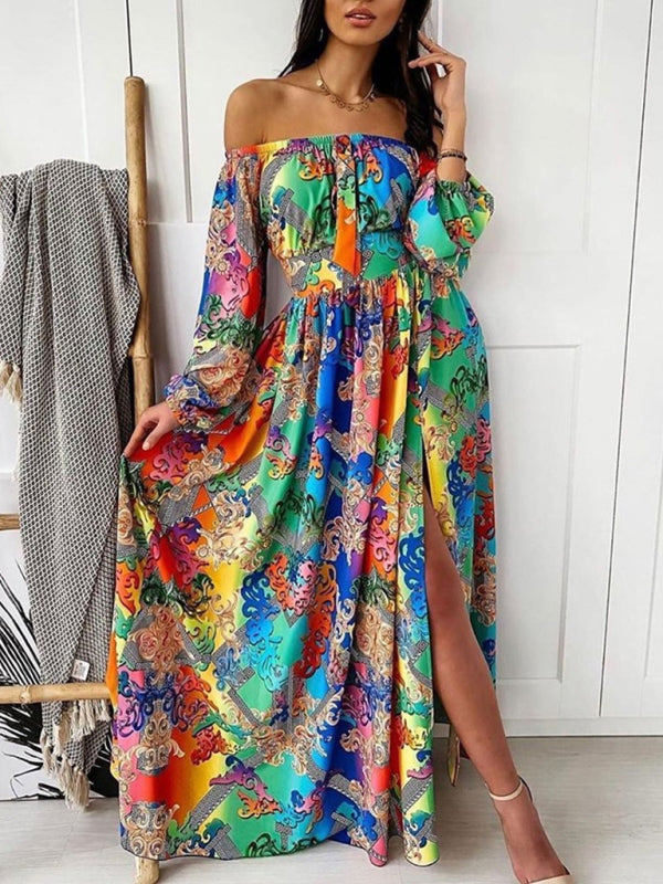 Bohemian One-Shoulder Printed Maxi Dress – Retro Pullover with Side Slits