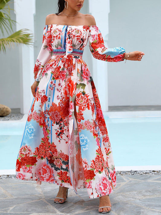 Bohemian One-Shoulder Printed Maxi Dress – Retro Pullover with Side Slits