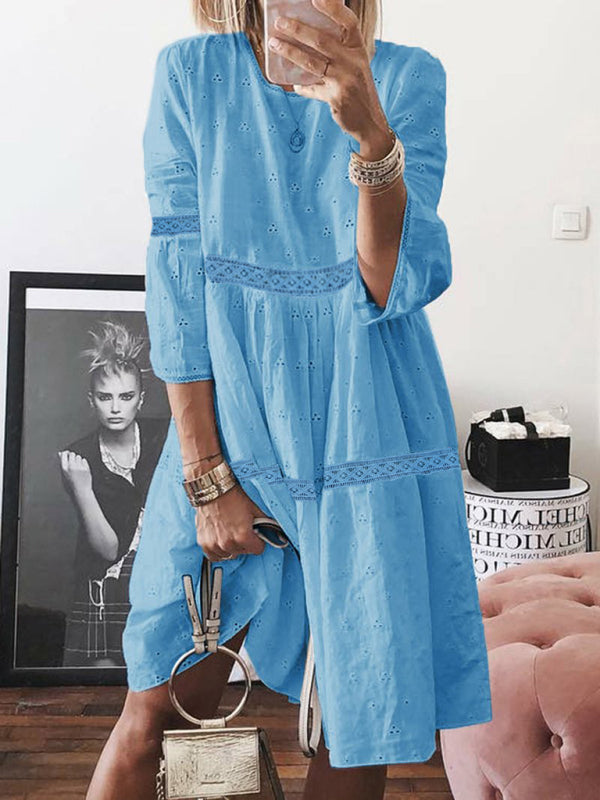 Lace Hollow Embroidered Midi Dress – Boho Three-Quarter Drop Shoulder Sleeves