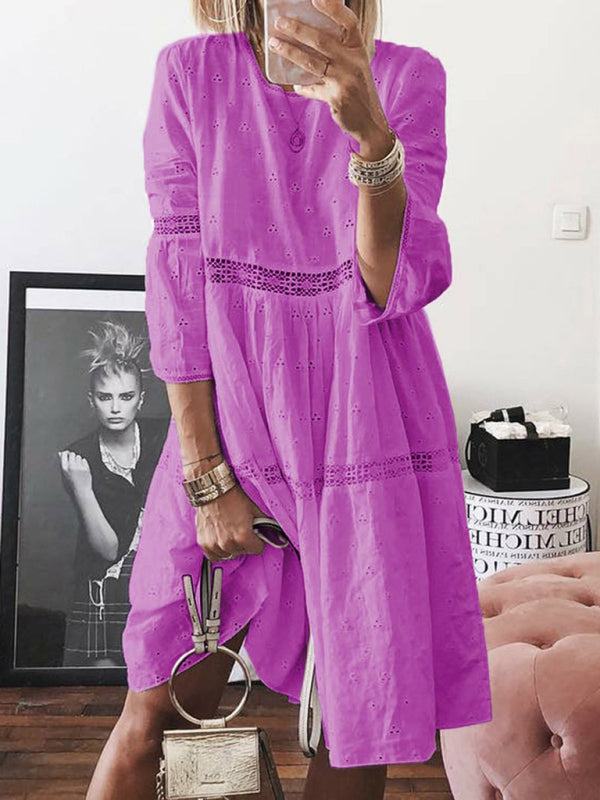 Lace Hollow Embroidered Midi Dress – Boho Three-Quarter Drop Shoulder Sleeves
