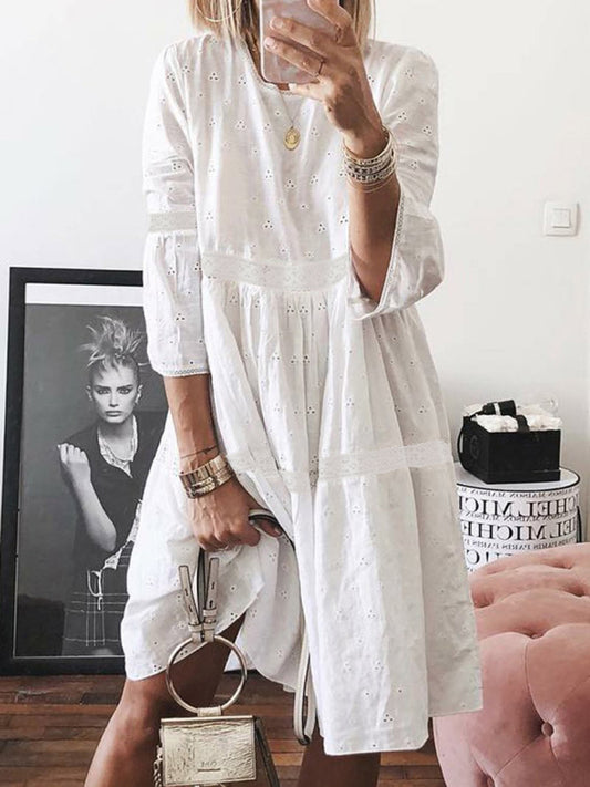 Lace Hollow Embroidered Midi Dress – Boho Three-Quarter Drop Shoulder Sleeves