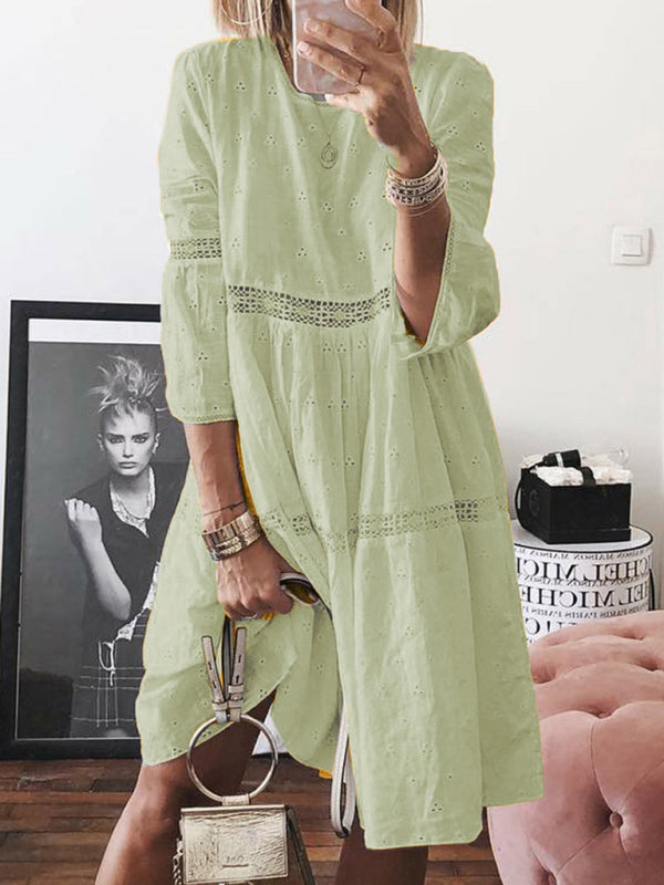 Lace Hollow Embroidered Midi Dress – Boho Three-Quarter Drop Shoulder Sleeves