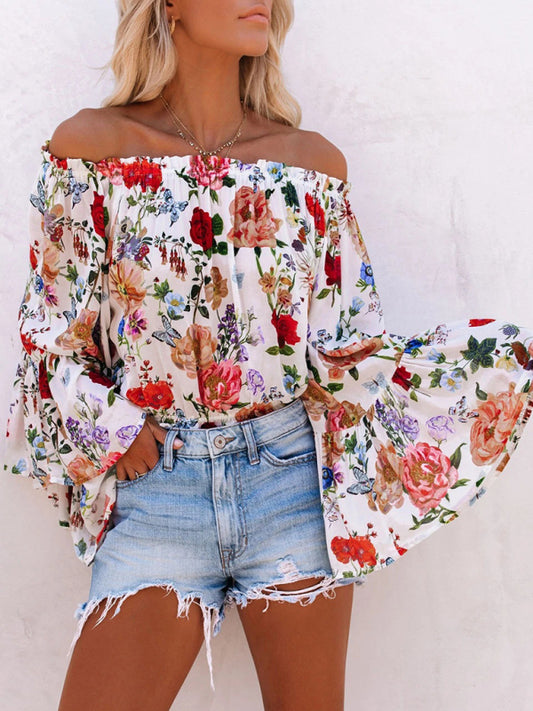 Floral One-Shoulder Bell Sleeve Top