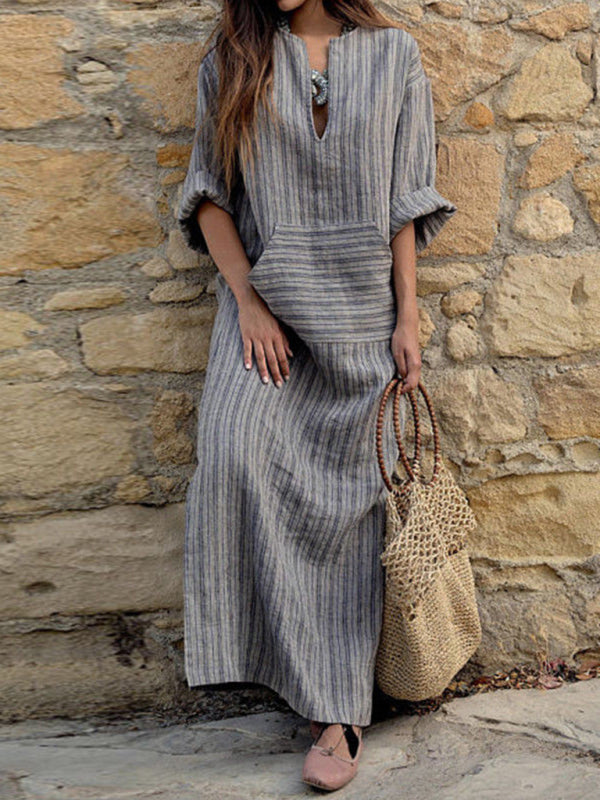 Striped Cotton-Linen Loose Long Dress – Retro Style for Spring & Summer