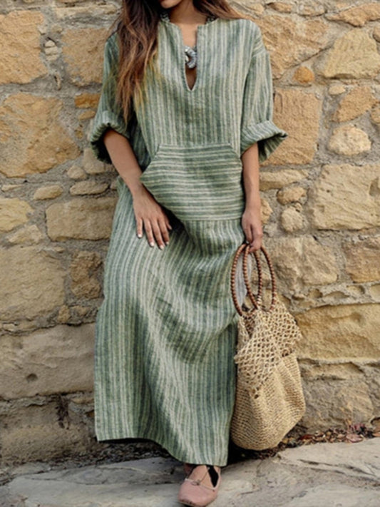 Striped Cotton-Linen Loose Long Dress – Retro Style for Spring & Summer