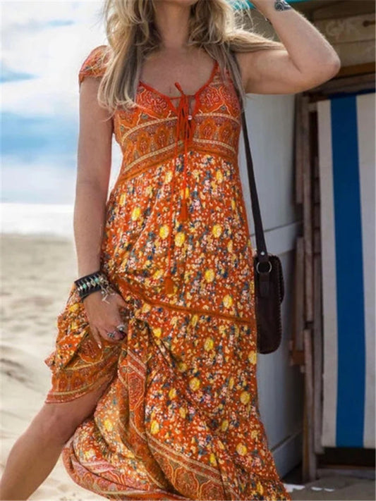 Bohemian V-Neck Resort Dress – Sleeveless, Lightweight & Woven Fabric
