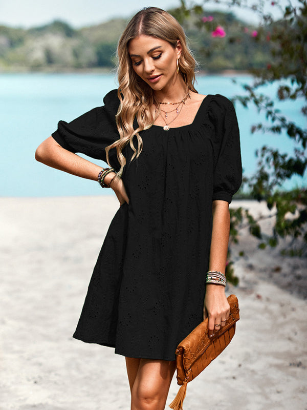 Elegant Hollow Jacquard Square Neck Dress – Sleeveless Spring-Summer Skirt