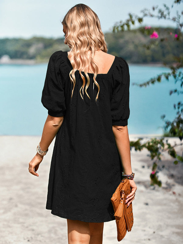 Elegant Hollow Jacquard Square Neck Dress – Sleeveless Spring-Summer Skirt