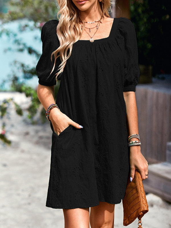 Elegant Hollow Jacquard Square Neck Dress – Sleeveless Spring-Summer Skirt