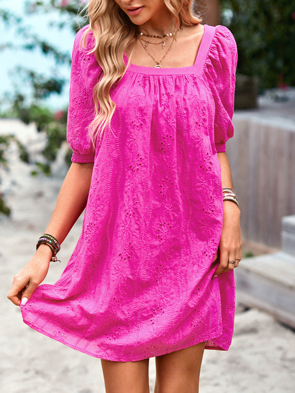 Elegant Hollow Jacquard Square Neck Dress – Sleeveless Spring-Summer Skirt