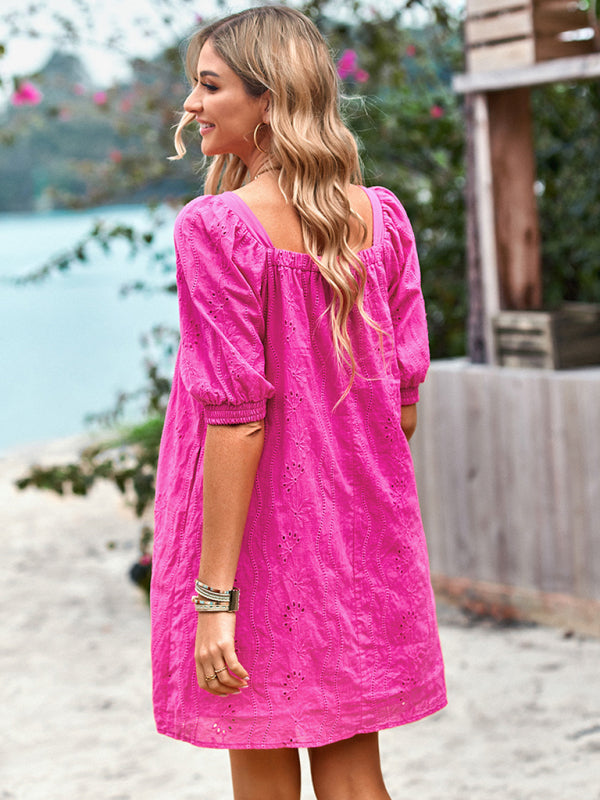 Elegant Hollow Jacquard Square Neck Dress – Sleeveless Spring-Summer Skirt