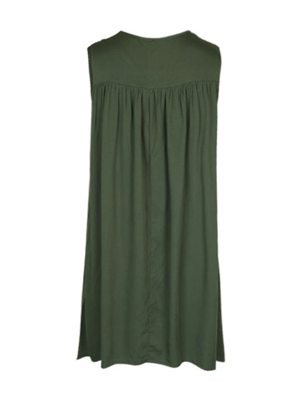 Lace Stitch Sleeveless Summer Dress – Soft Stretch Fit in Solid Green