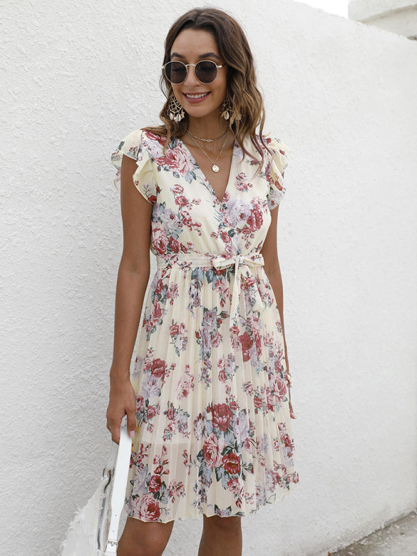 Elegant V-Neck Floral Print Dress with Waist Tie – Spring Summer Casual Look
