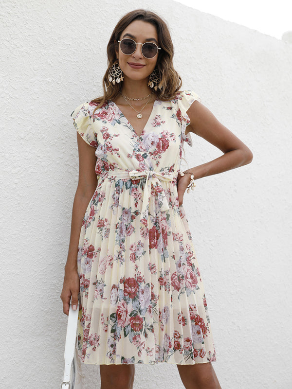 Elegant V-Neck Floral Print Dress with Waist Tie – Spring Summer Casual Look