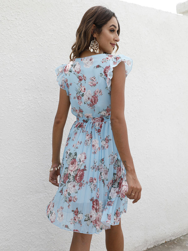 Elegant V-Neck Floral Print Dress with Waist Tie – Spring Summer Casual Look