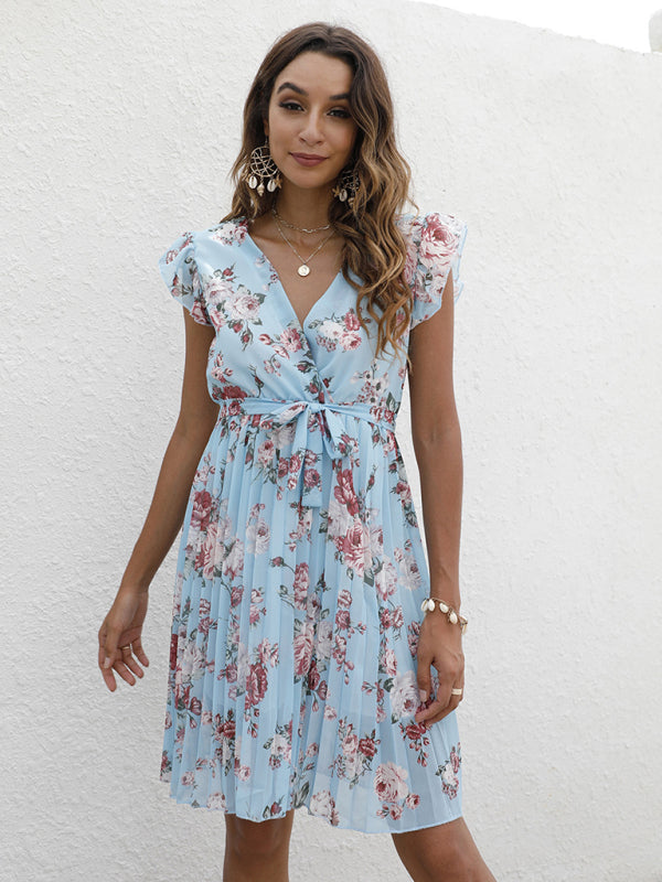 Elegant V-Neck Floral Print Dress with Waist Tie – Spring Summer Casual Look