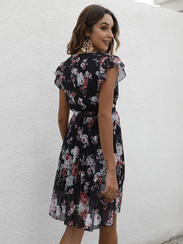 Elegant V-Neck Floral Print Dress with Waist Tie – Spring Summer Casual Look