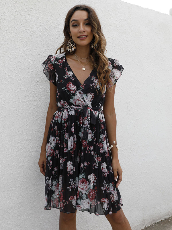 Elegant V-Neck Floral Print Dress with Waist Tie – Spring Summer Casual Look