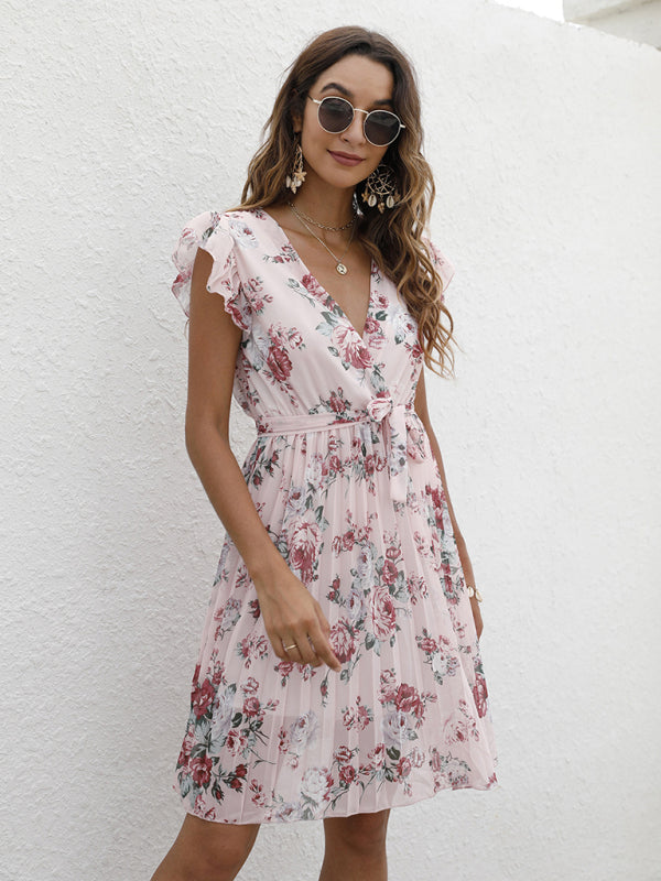 Elegant V-Neck Floral Print Dress with Waist Tie – Spring Summer Casual Look