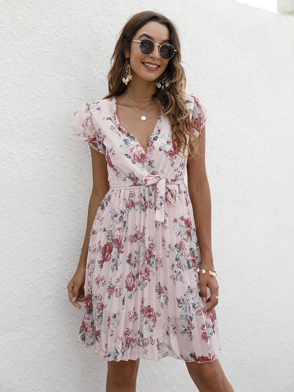 Elegant V-Neck Floral Print Dress with Waist Tie – Spring Summer Casual Look
