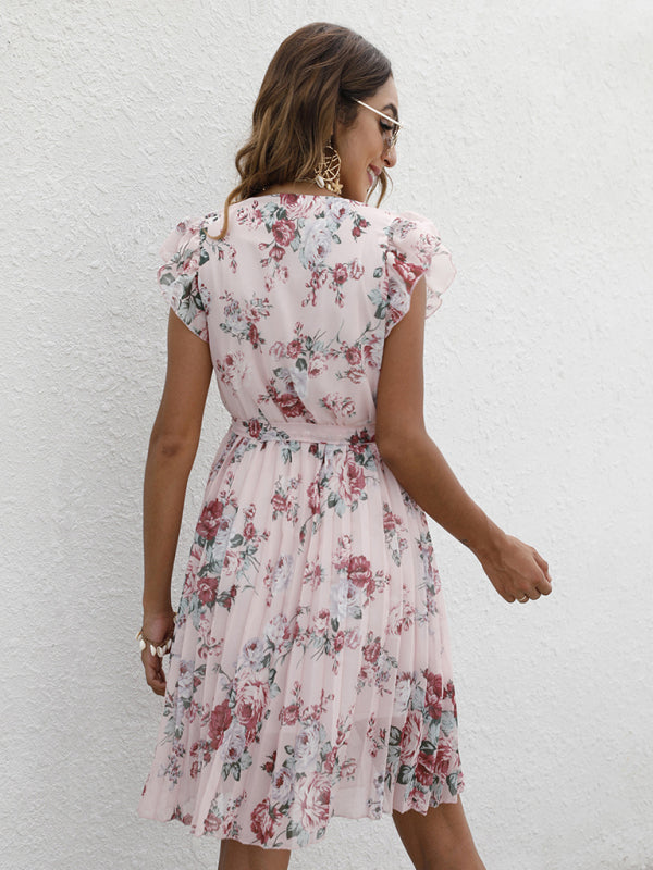 Elegant V-Neck Floral Print Dress with Waist Tie – Spring Summer Casual Look