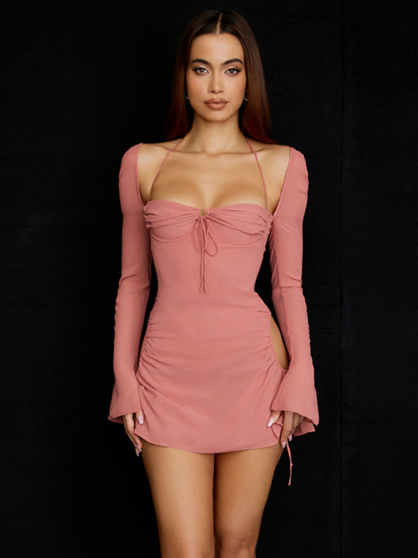 Wrap-Style Short Pink Dress – Sleeveless Knit Fit for Casual & Going Out