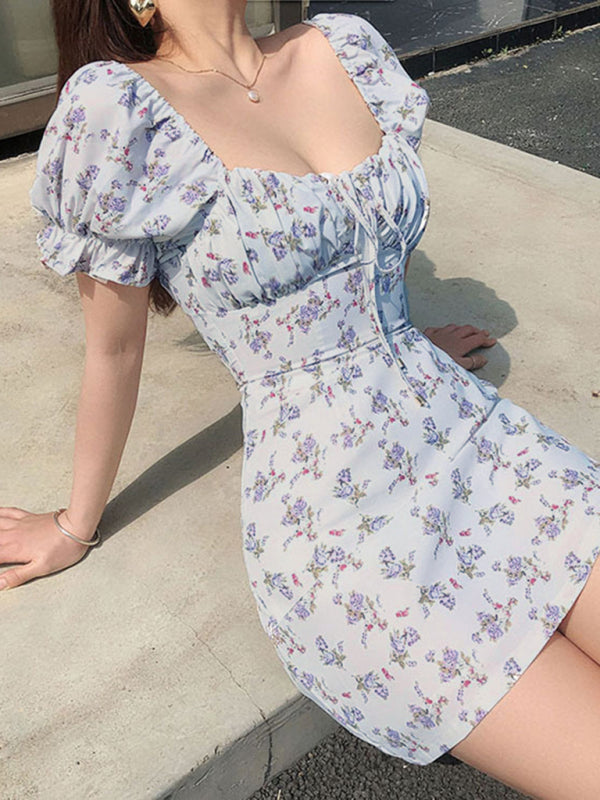 Floral Square Neck Midi Dress – Waist-Slimming Fit in White