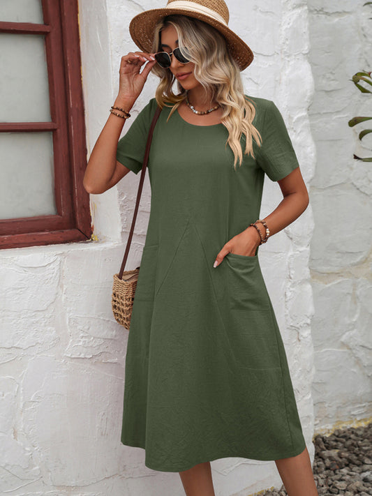 Solid Knit Casual Midi Dress – Lightweight Woven Polyester, 4 Colors