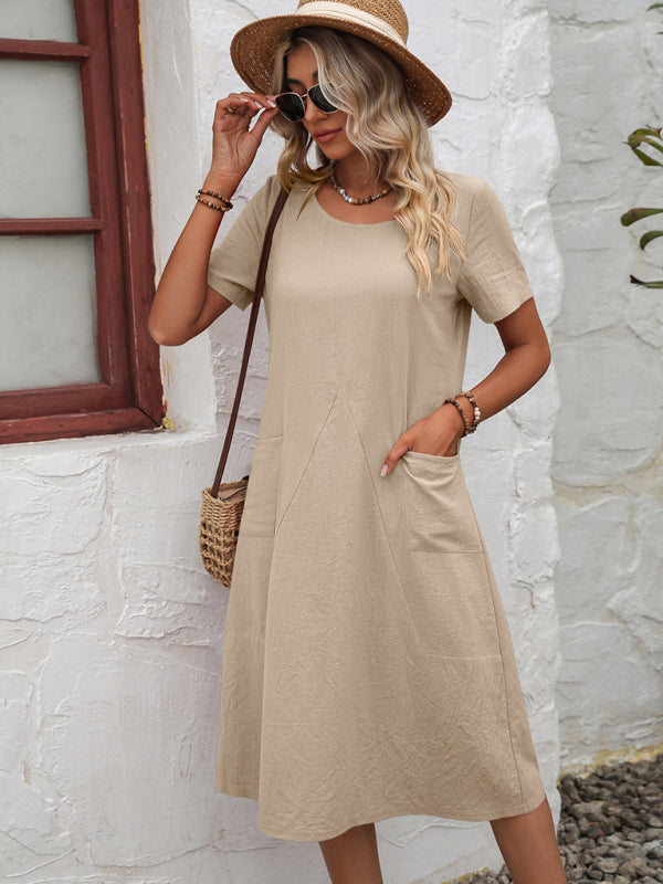 Solid Knit Casual Midi Dress – Lightweight Woven Polyester, 4 Colors