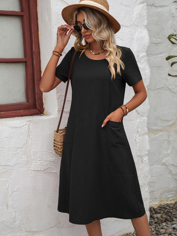 Solid Knit Casual Midi Dress – Lightweight Woven Polyester, 4 Colors