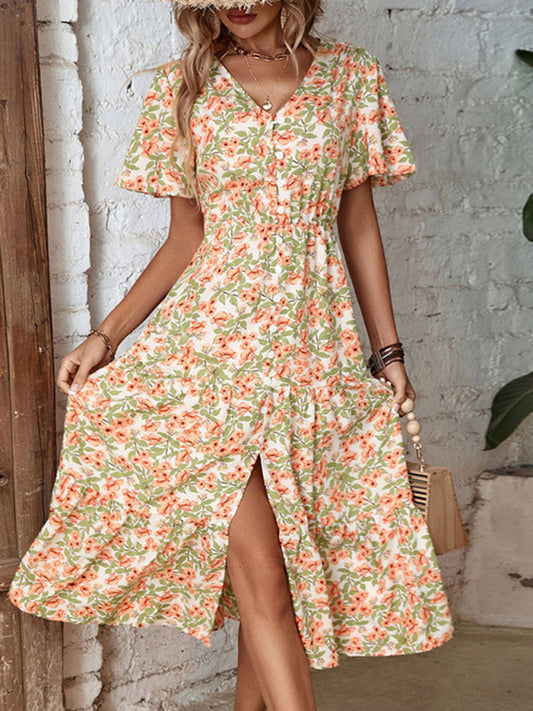 Floral Slit Button Dress – Lightweight Woven Fabric, Spring Party Style