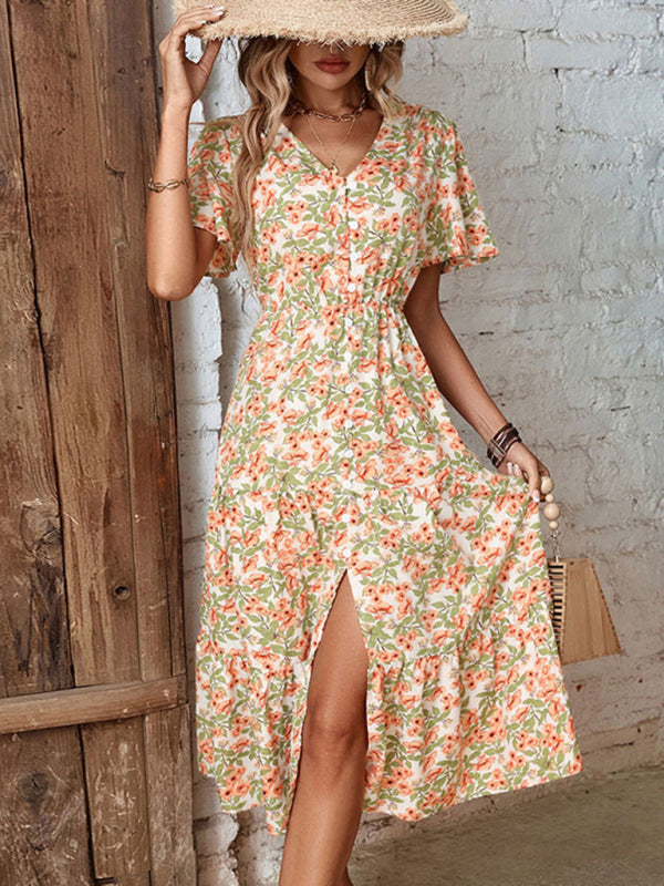 Floral Slit Button Dress – Lightweight Woven Fabric, Spring Party Style