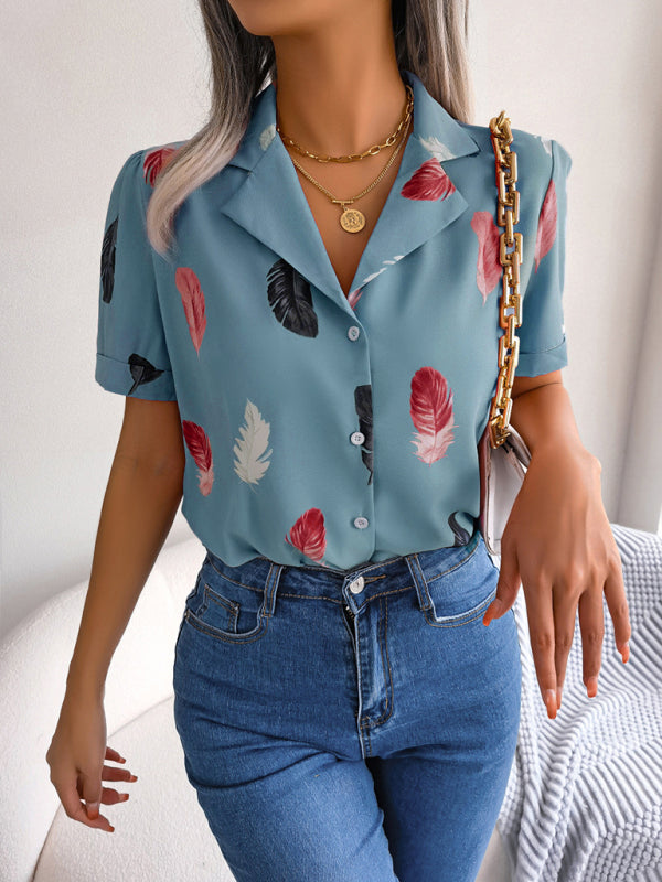 Women's Feather Print Short Sleeve Shirt