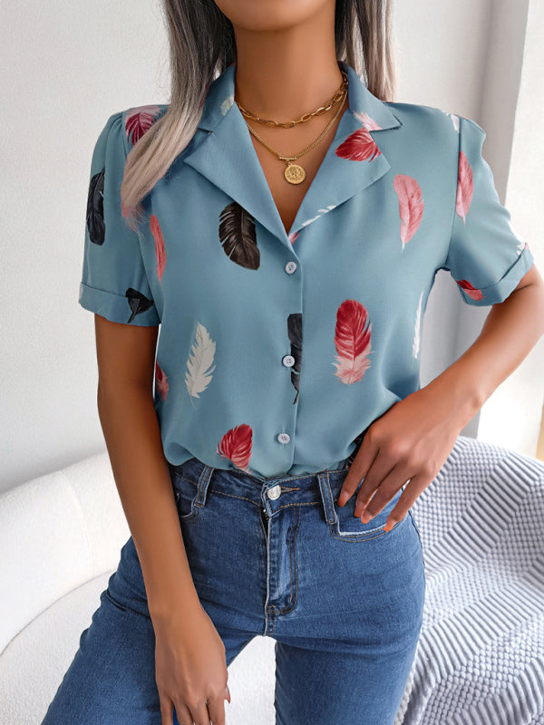 Women's Feather Print Short Sleeve Shirt