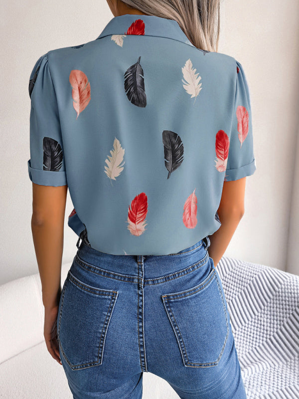 Women's Feather Print Short Sleeve Shirt