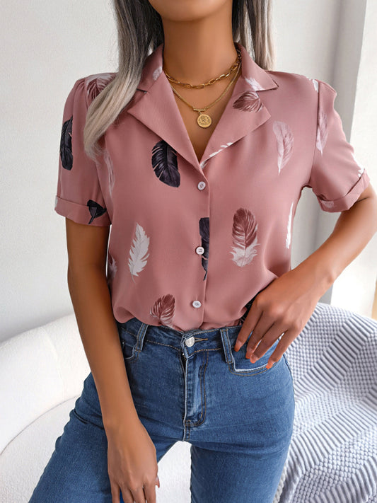 Women's Feather Print Short Sleeve Shirt